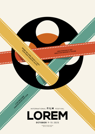 Movie and film poster design template background with vintage filmstrip. Can be used for backdrop, banner, brochure, leaflet, flyer, print, publication, vector illustrationのイラスト素材