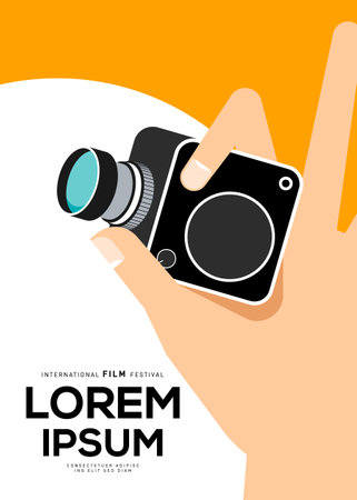 Movie and film poster design template background with vintage camera. Can be used for backdrop, banner, brochure, leaflet, flyer, print, publication, vector illustrationのイラスト素材