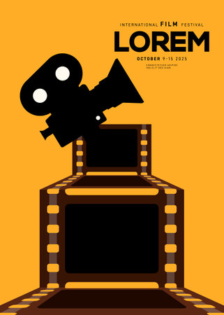 Movie and film poster design template background with filmstrip. Can be used for backdrop, banner, brochure, leaflet, flyer, print, publication, vector illustrationのイラスト素材