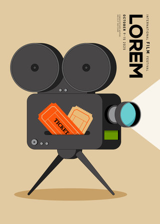 Movie poster design template background with vintage film camera. Can be used for backdrop, banner, brochure, leaflet, flyer, print, publication, vector illustrationのイラスト素材