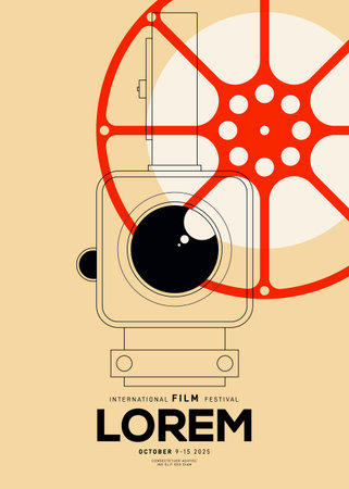 Movie festival poster design template background with vintage camera and film reel. Can be used for backdrop, banner, brochure, leaflet, flyer, print, publication, vector illustrationのイラスト素材