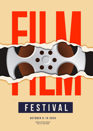 Movie and film festival poster design template backgroundn with film reel. Can be used for backdrop, banner, brochure, leaflet, flyer, print, publication, vector illustrationのイラスト素材