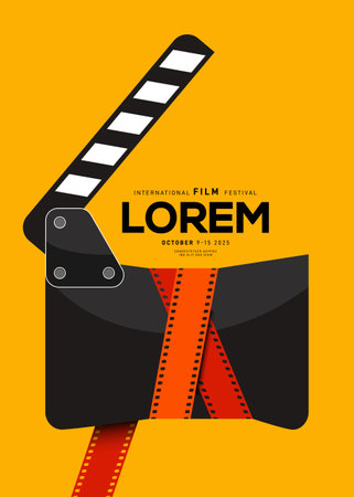 Movie and film poster design template background with film slate. Can be used for backdrop, banner, brochure, leaflet, flyer, print, publication, vector illustrationのイラスト素材