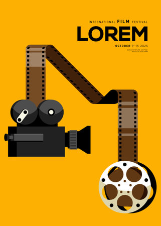 Movie poster design template background with vintage film camera. Can be used for backdrop, banner, brochure, leaflet, flyer, print, publication, vector illustrationのイラスト素材