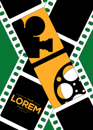 Movie and film festival poster design template background with filmstrip. Can be used for backdrop, banner, brochure, leaflet, flyer, print, publication, vector illustrationのイラスト素材