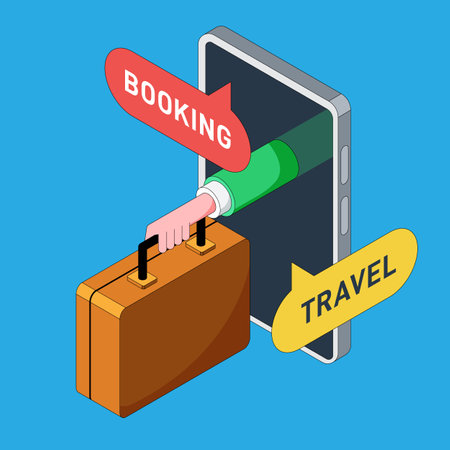 Travel online agency concept. Booking hotel and flight with mobile phone isometric flat design style, vector illustrationのイラスト素材