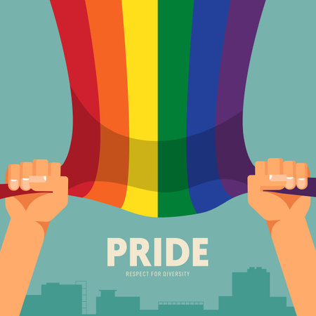 LGBT Pride month and diversity concept background, decorated with people holding rainbow flag. Design element can be used for backdrop, banner, vector illustrationのイラスト素材