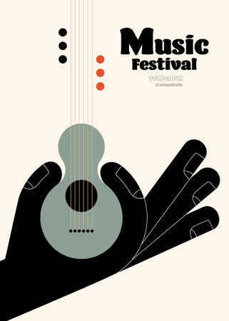 Music poster template design background with acoustic guitar vintage retro style. Design template can be used for backdrop, banner, brochure, leaflet, flyer, print, vector illustrationのイラスト素材