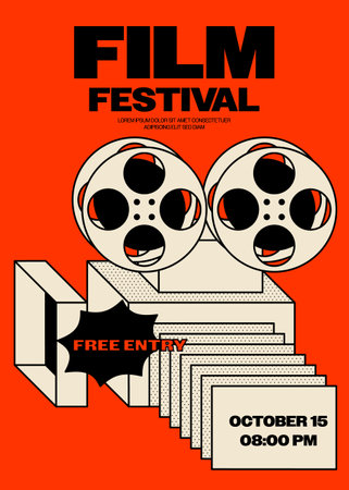 Movie and film festival poster template design background modern vintage retro style. Design element can be used for backdrop, banner, brochure, leaflet, flyer, print, publication, vector illustrationのイラスト素材