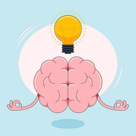 Brain training and with cartoon character doing meditation and light bulb flat design style. Creative idea concept, vector illustrationのイラスト素材