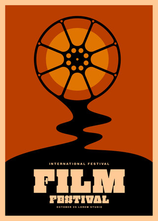Movie and film festival poster template design background vintage retro style with film reel. Design element can be used for  banner, brochure, leaflet, flyer, print, vector illustrationのイラスト素材