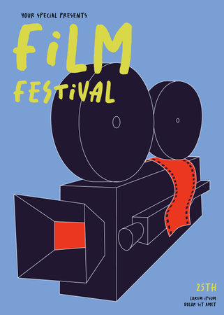 Movie festival poster template design with vintage film camera and filmstrip. Design element can be used for  banner, brochure, leaflet, flyer, print, vector illustrationのイラスト素材