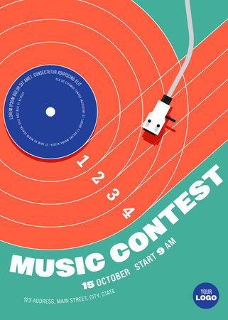 Music contest poster template design background with turntable and vinyl record flat design style. Design template can be used for backdrop, banner, brochure, leaflet, flyer, print, vector illustrationのイラスト素材