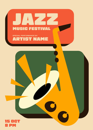 Jazz music festival poster template design background with saxophone vintage retro style. Design element can be used for backdrop, banner, brochure, leaflet, flyer, print, vector illustrationのイラスト素材