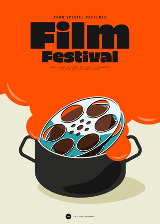 Movie and film festival poster template design with film reel vintage retro style. Design element can be used for  banner, brochure, leaflet, flyer, print, vector illustrationのイラスト素材
