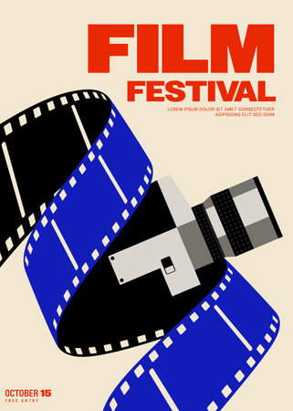 Movie festival poster template design with vintage filmstrip and film camera. Design element can be used for  banner, brochure, leaflet, flyer, print, vector illustrationのイラスト素材