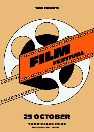 Movie and film festival poster template design with filmstrip modern vintage retro style. Design element can be used for  banner, brochure, leaflet, flyer, print, vector illustrationのイラスト素材