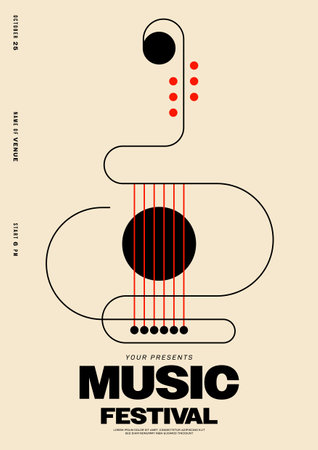 Acoustic guitar minimal geometric black line vintage retro style. Music festival poster template design background. Graphic element for print, brochure, leaflet, flyer, vector illustrationのイラスト素材
