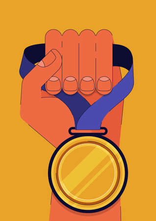Athlete holding gold medal isolated on yellow background. Sport competition and winning celebration concept flat design style. Vector illustrationのイラスト素材