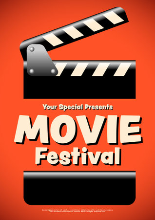Film slate vintage retro style isolated on beige background. Movie and film festival poster template design. Can used for flyer, brochure, print, vector illustrationのイラスト素材