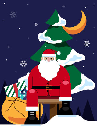 Merry Christmas and happy new year holiday concept. Santa Claus sit with present bag flat design style. Design element for greeting card, postcard, backdrop, brochure, print, vector illustrationのイラスト素材
