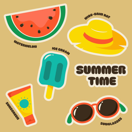 Set of summer sticker flat design style isolated on beige background with watermelon, wide brim hat, ice cream, sunglasses, sunscreen, vector illustrationのイラスト素材