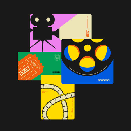 Modern retro film and cinema poster template. Decorated with overlap of vintage camera, movie ticket, film reel on black background minimalist flat design style. Vector illustrationのイラスト素材