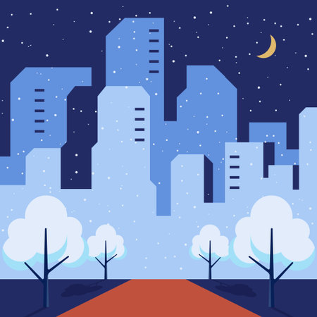 Winter night urban cityscape scenery with skyline landscape and snowy park background. Minimalist flat design style. Vector illustrationのイラスト素材