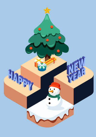 Happy new year celebration isometric vector style. Decorated with Christmas tree, gift boxes, snowman. Can be used for winter holiday greeting card, web banner, backgroundのイラスト素材