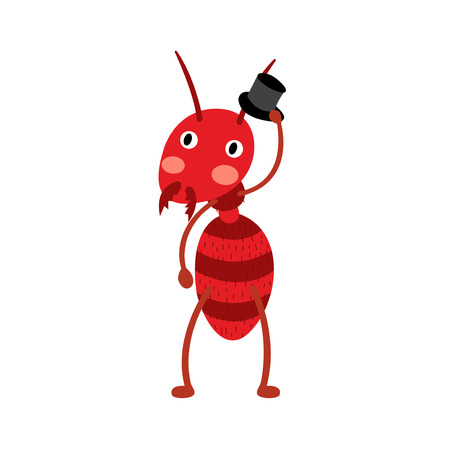 A fire ant with black hat cartoon character. Isolated on white background. Vector illustration.のイラスト素材