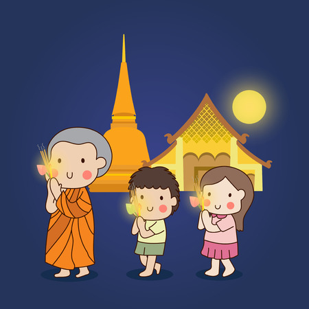 Buddhist walking with lighted candles in hand around a temple to pay respect to the Triple Refuges (Buddha, Dhamma, Sangha) vector illustration.のイラスト素材