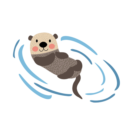 Floating Otter animal cartoon character. Isolated on white background. illustration.のイラスト素材