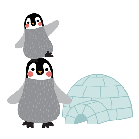 Funny Penguin and igloo animal cartoon character illustration.のイラスト素材