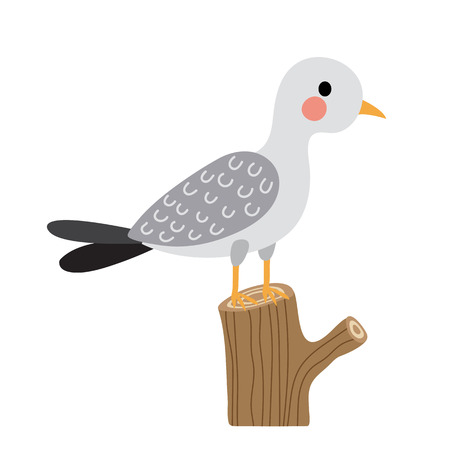 Seagull bird perching branch animal cartoon character. Isolated on white background. illustration.のイラスト素材