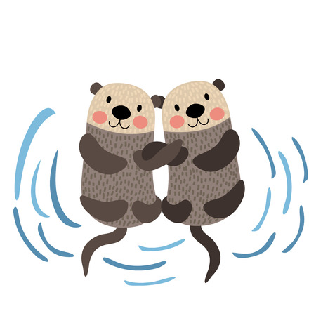 Otter couple holding hands animal cartoon character. Isolated on white background. illustration.のイラスト素材