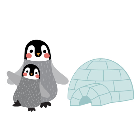 Penguin mother and child in front of igloo animal cartoon character. Isolated on white background. illustration.のイラスト素材