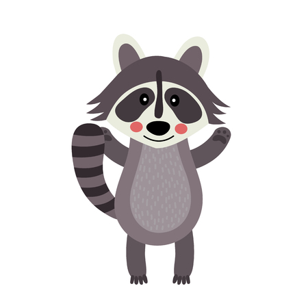 Raccoon standing and raising two hands animal cartoon character. Isolated on white background. illustration.のイラスト素材