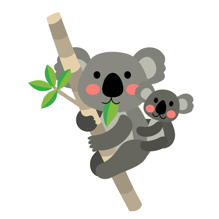 Koala bear and baby koala climbing tree animal cartoon character. Isolated on white background. illustration.のイラスト素材