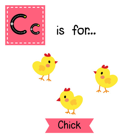 C letter tracing. Happy Chick. Cute children zoo alphabet flash card. Funny cartoon animal. Kids abc education. Learning English vocabulary. illustration.のイラスト素材