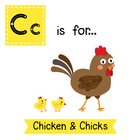 C letter tracing. Chicken & Chicks. Cute children zoo alphabet flash card. Funny cartoon animal. Kids abc education. Learning English vocabulary. illustration.のイラスト素材
