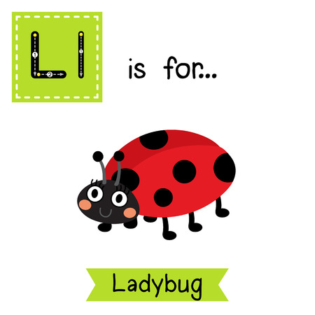 L letter tracing. Ladybug. Cute children zoo alphabet flash card. Funny cartoon animal. Kids abc education. Learning English vocabulary. illustration.のイラスト素材