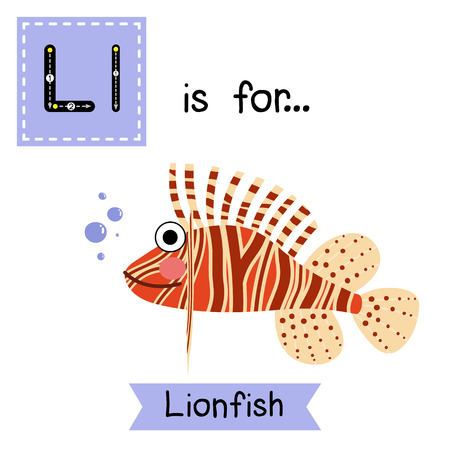L letter tracing. Lionfish side view. Cute children zoo alphabet flash card. Funny cartoon animal. Kids abc education. Learning English vocabulary. illustration.のイラスト素材