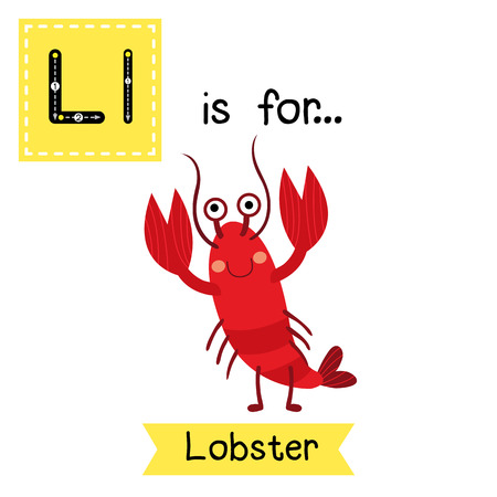 L letter tracing. Lobster. Cute children zoo alphabet flash card. Funny cartoon animal. Kids abc education. Learning English vocabulary. illustration.のイラスト素材