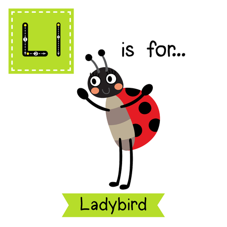L letter tracing. Standing Ladybird. Cute children zoo alphabet flash card. Funny cartoon animal. Kids abc education. Learning English vocabulary.  illustration.のイラスト素材
