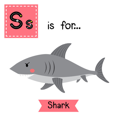 S letter tracing. Shark side view. Cute children zoo alphabet flash card. Funny cartoon animal. Kids abc education. Learning English vocabulary. illustration.のイラスト素材