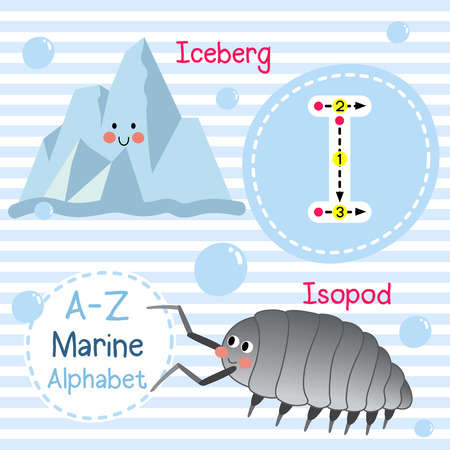 I letter tracing. Iceberg. Isopod. Cute children sea marine alphabet flash card. Funny cartoon animal. Kids abc education. Learning English vocabulary. illustration.のイラスト素材
