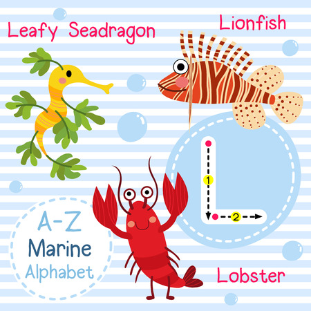 L letter tracing. Lobster. Lionfish. Leafy Seadragon. Cute children sea marine alphabet flash card. Funny cartoon animal. Kids abc education. Learning English vocabulary. illustration.のイラスト素材