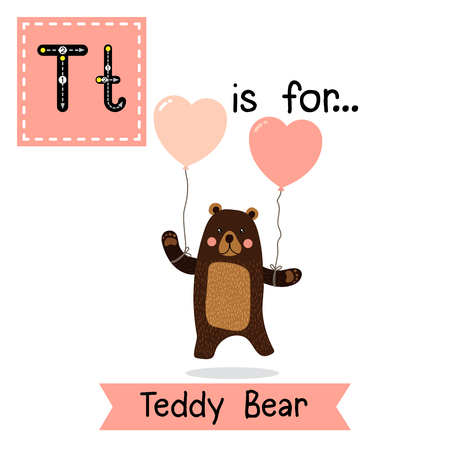 Cute children ABC alphabet T letter tracing flashcard of Teddy Bear for kids learning English vocabulary in Valentines Day theme.のイラスト素材