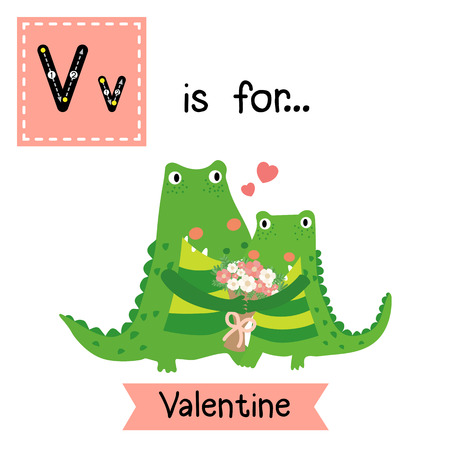 Cute children ABC alphabet V letter tracing flashcard of Valentine for kids learning English vocabulary in Valentines Day theme.のイラスト素材
