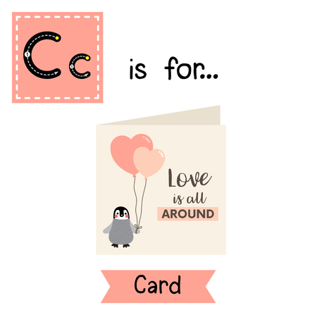 Cute children ABC alphabet C letter tracing flashcard of Card for kids learning English vocabulary in Valentines Day theme.のイラスト素材